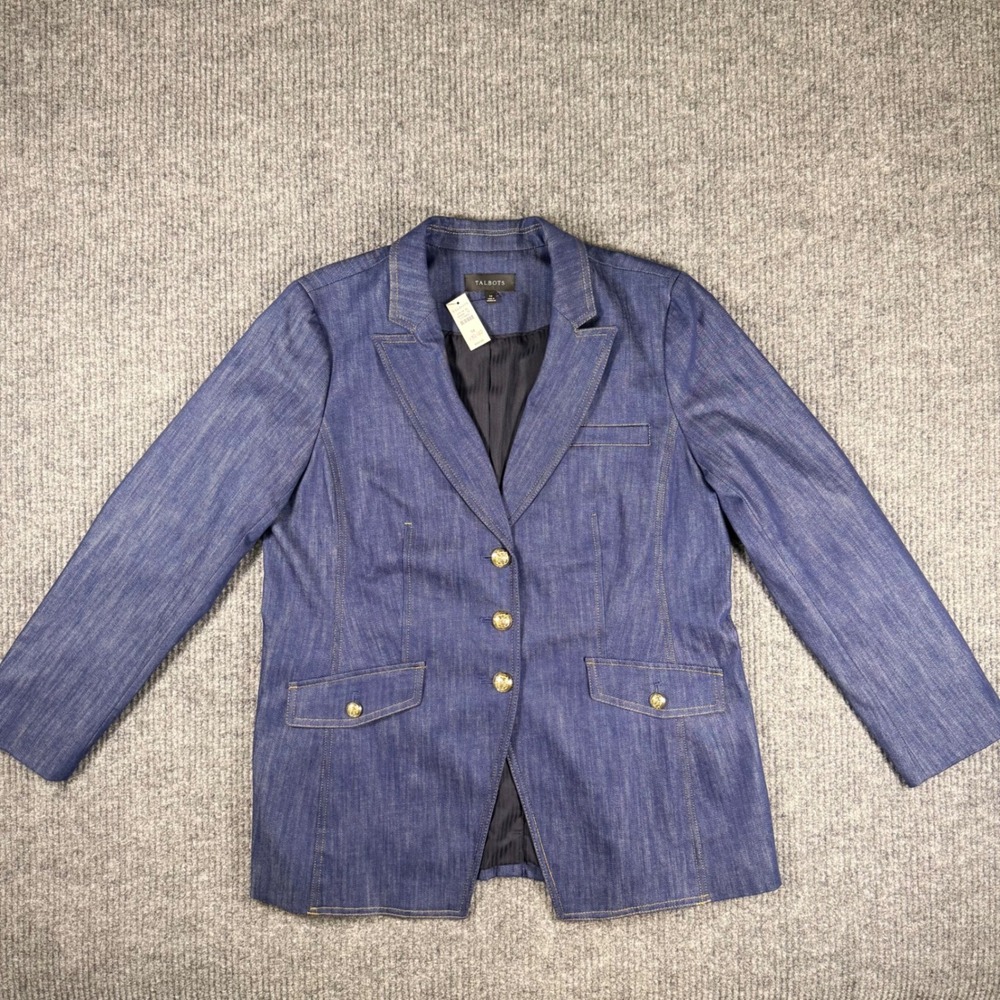 Talbots Denim Blazer Blue Gold Crest Button Tailored Jacket NWT Size 14 - Picture 3 of 11